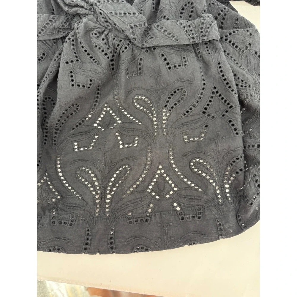 Banana Republic Black Eyelet Smocked Peasant Blouse Square Neck‎ Top Sz L